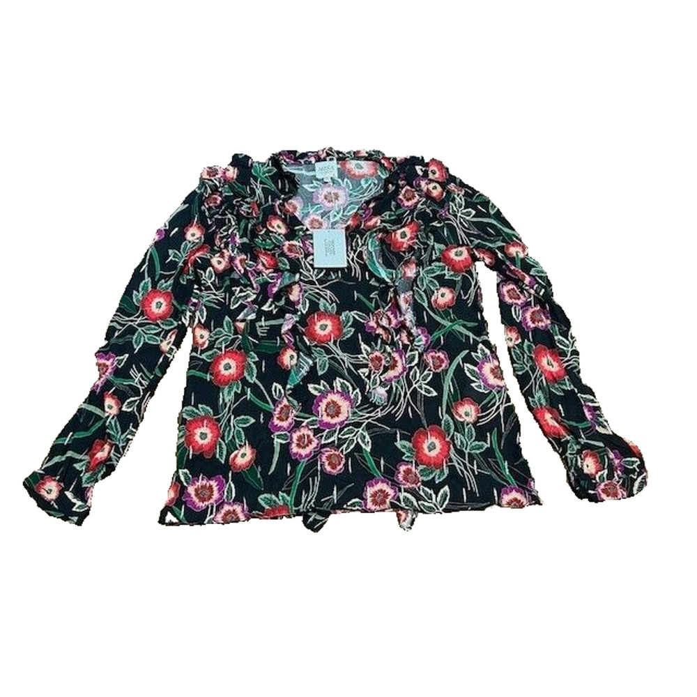 MISA Astrid Blouse Long Sleeves Ruffle‎ Trim Floral Chiffon Black Size XS NEW